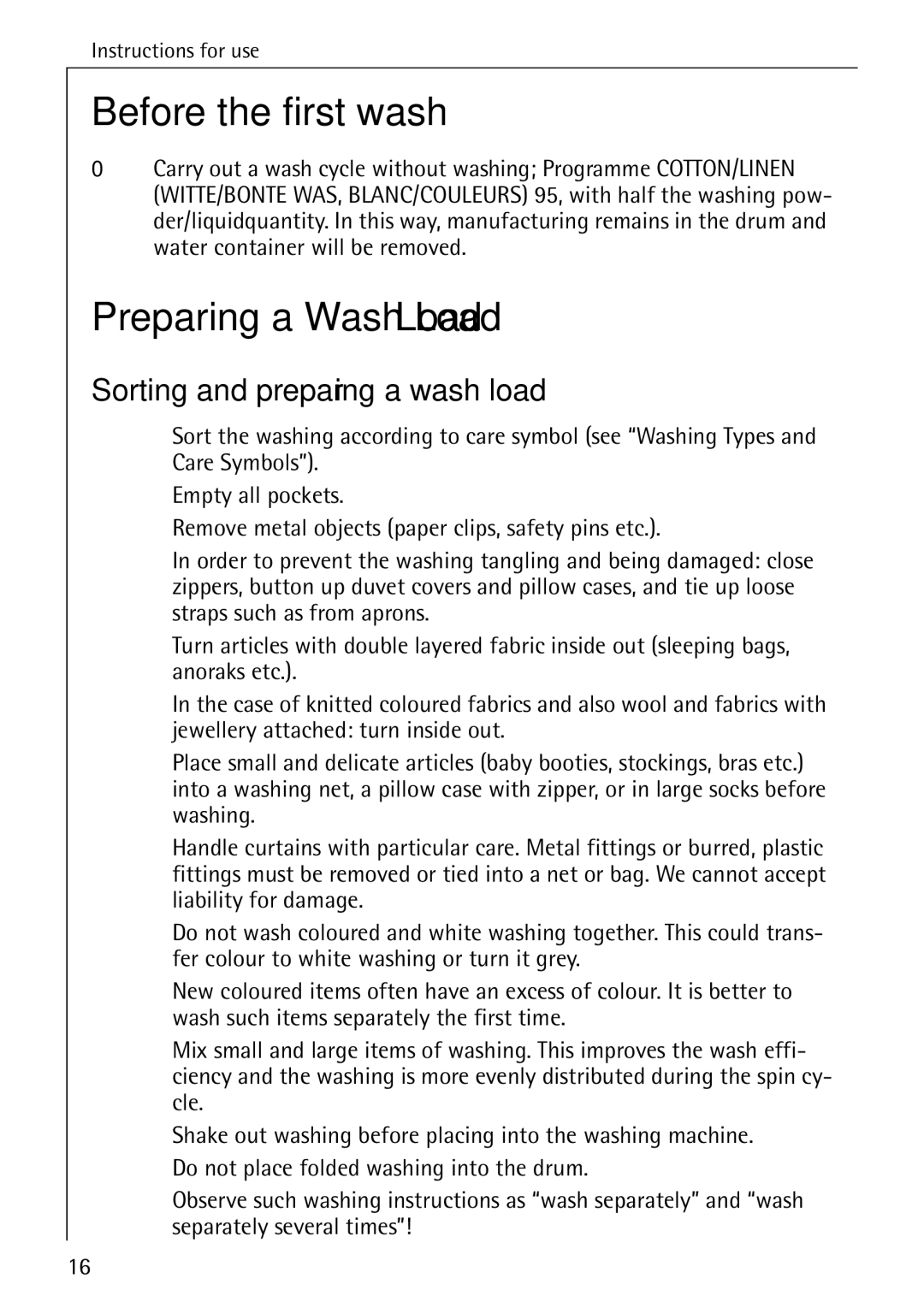 AEG 86740 manual Before the first wash, Preparing a Wash Load, Sorting and preparing a wash load 