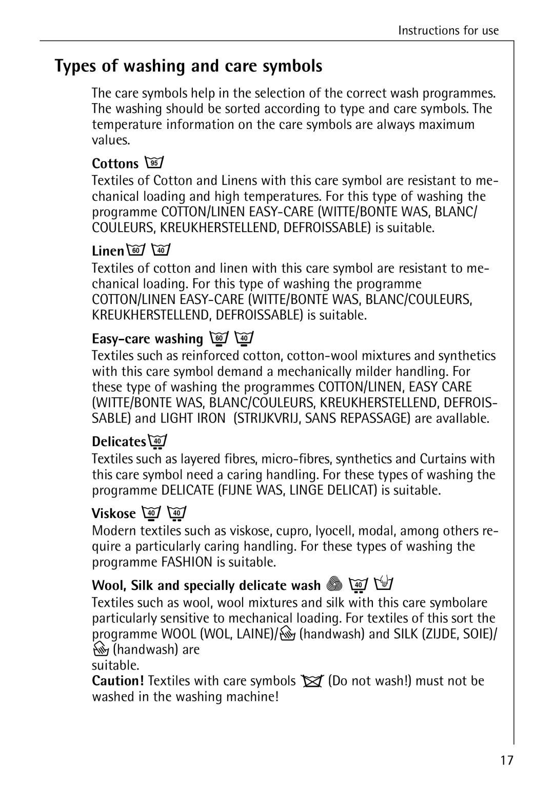 AEG 86740 manual Types of washing and care symbols 