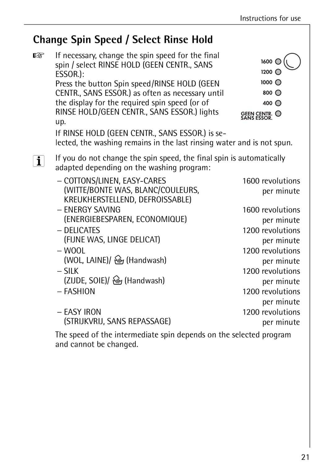 AEG 86740 manual Change Spin Speed / Select Rinse Hold 