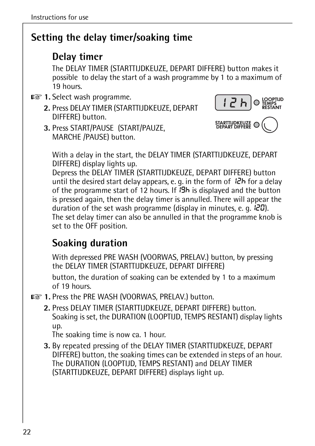 AEG 86740 manual Setting the delay timer/soaking time Delay timer, Soaking duration 