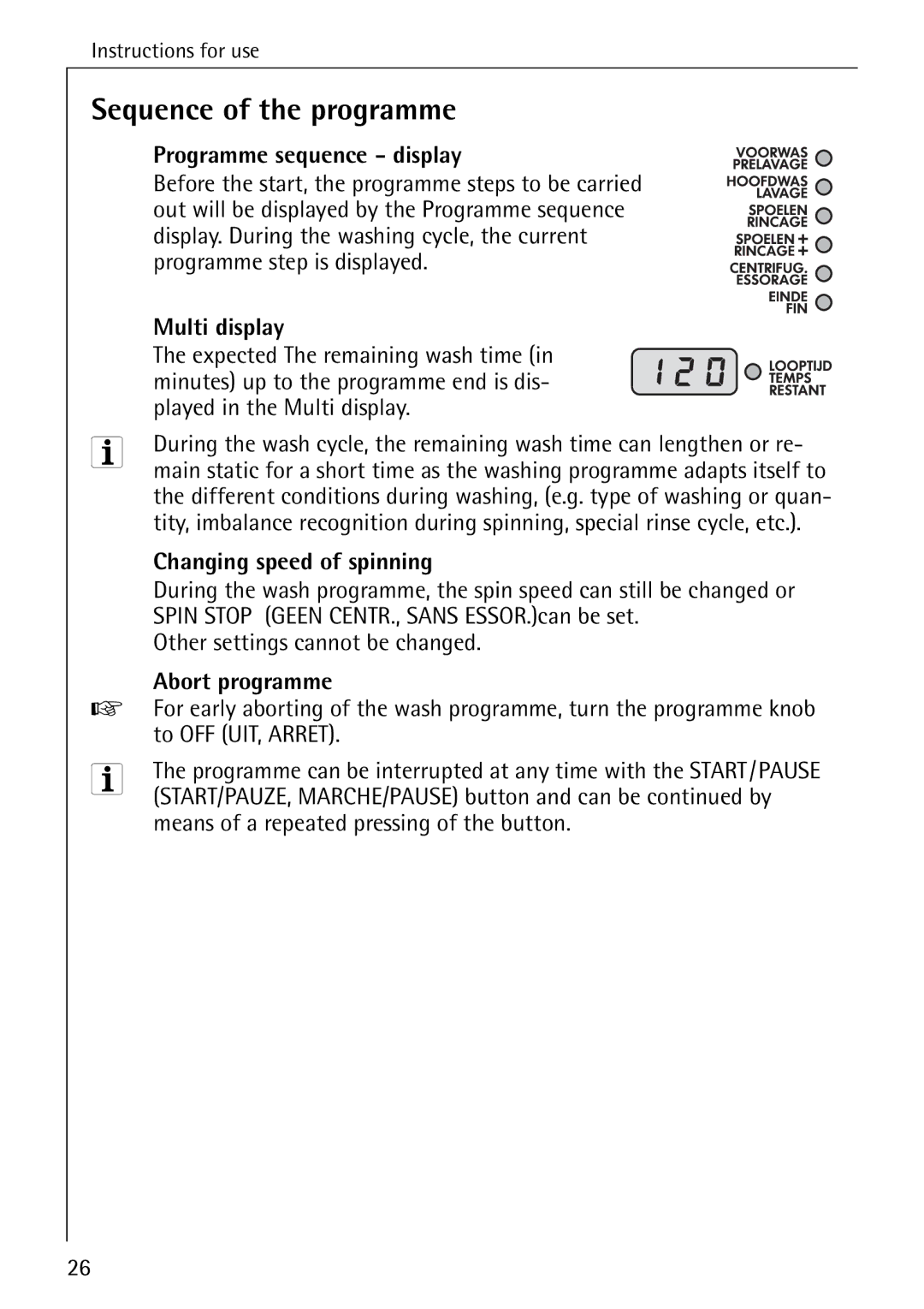 AEG 86740 manual Sequence of the programme, Programme sequence display, Multi display, Changing speed of spinning 