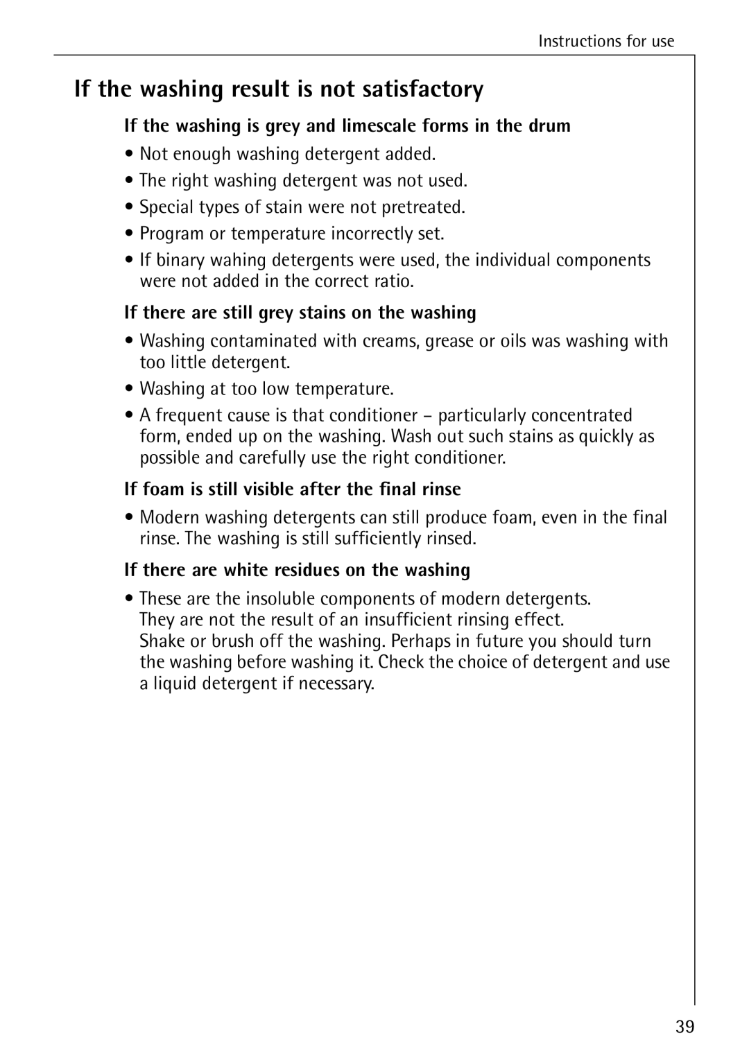 AEG 86740 manual If the washing result is not satisfactory, If the washing is grey and limescale forms in the drum 