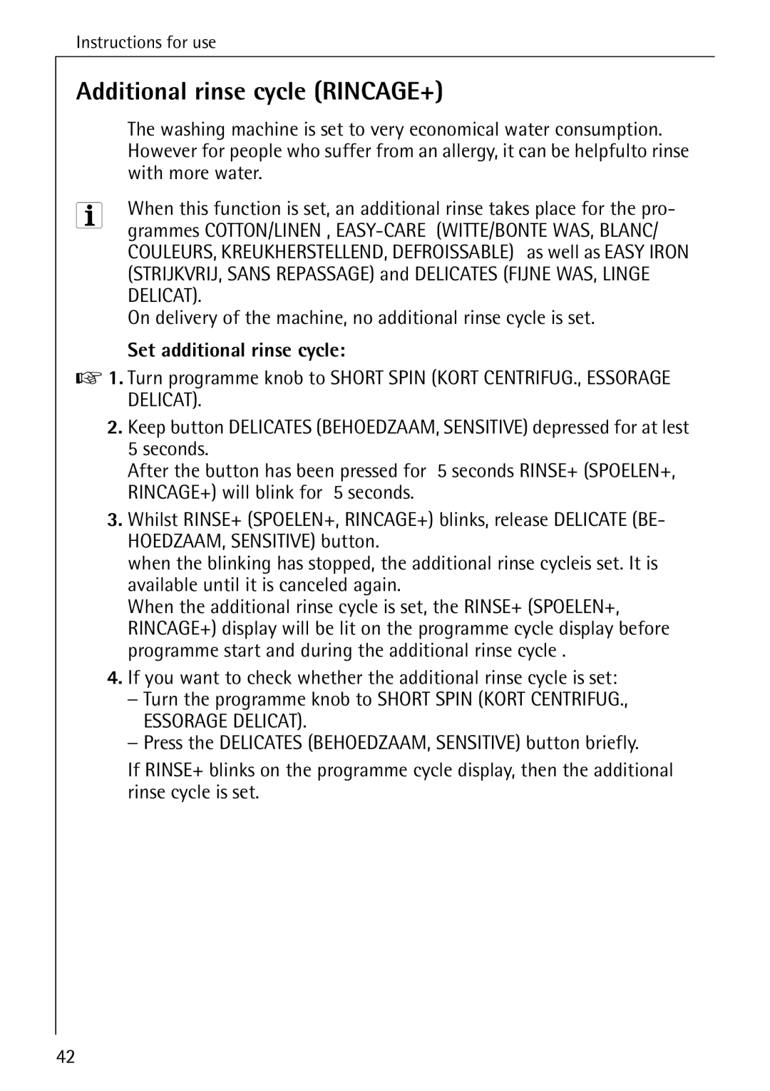 AEG 86740 manual Additional rinse cycle RINCAGE+, With more water, Set additional rinse cycle 
