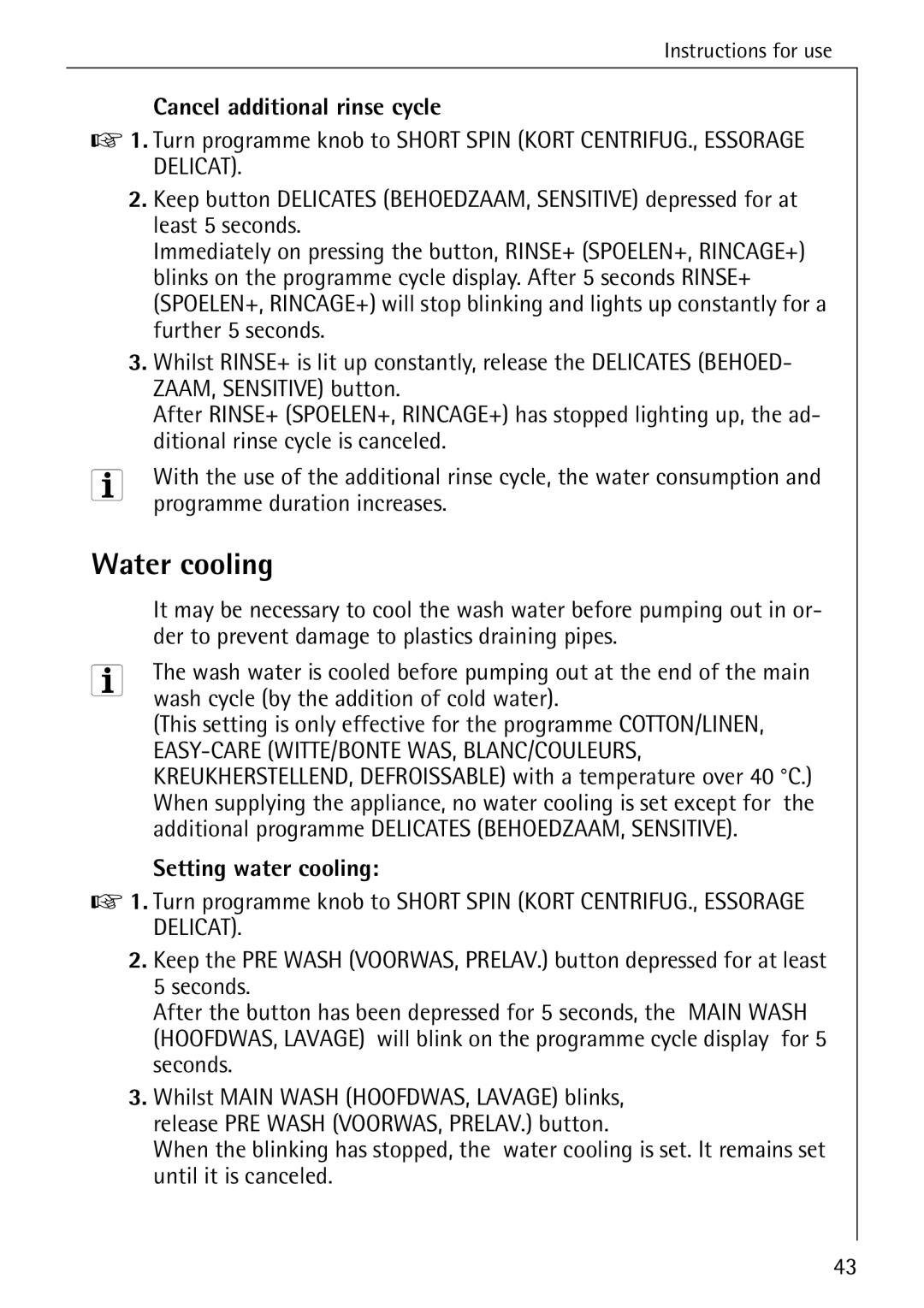 AEG 86740 manual Water cooling, Cancel additional rinse cycle, Setting water cooling 