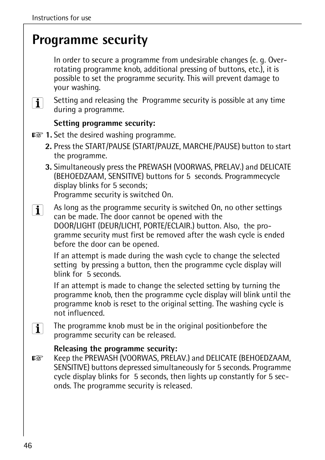 AEG 86740 manual Programme security, Setting programme security, Releasing the programme security 