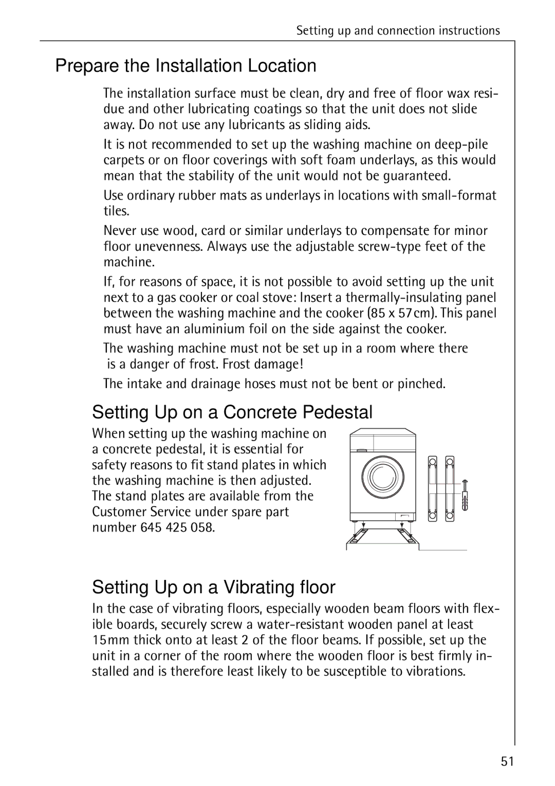 AEG 86740 manual Prepare the Installation Location, Setting Up on a Concrete Pedestal, Setting Up on a Vibrating floor 