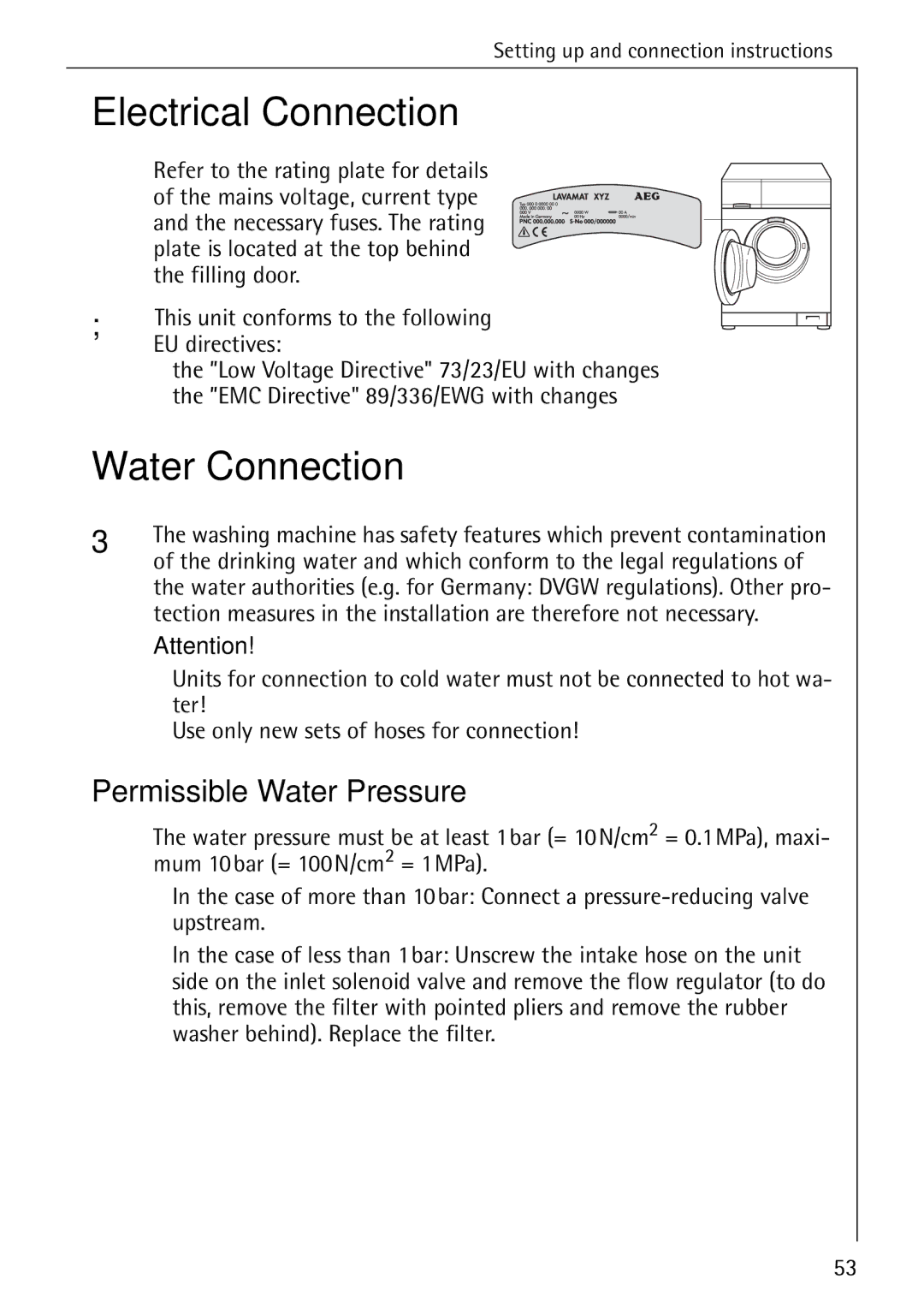 AEG 86740 manual Electrical Connection, Water Connection, Permissible Water Pressure 