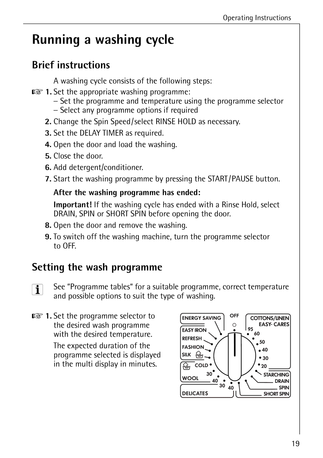 AEG 86741 Running a washing cycle, Brief instructions, Setting the wash programme, After the washing programme has ended 