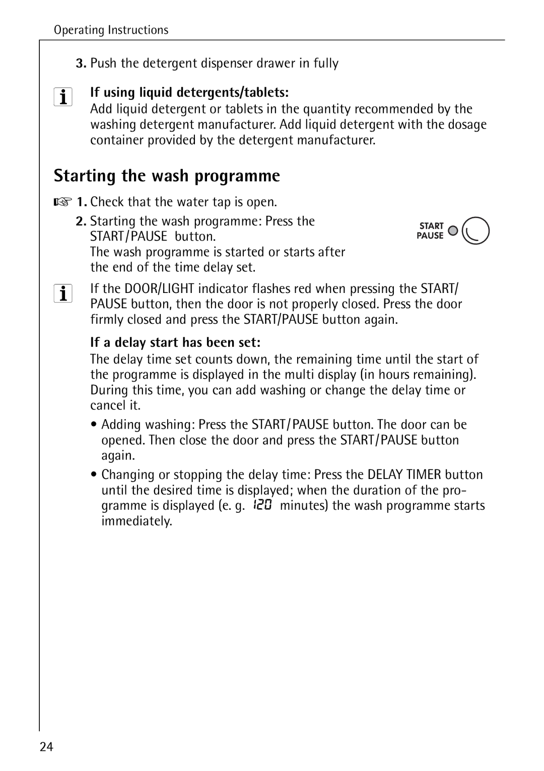 AEG 86741 Starting the wash programme, Push the detergent dispenser drawer in fully, If using liquid detergents/tablets 