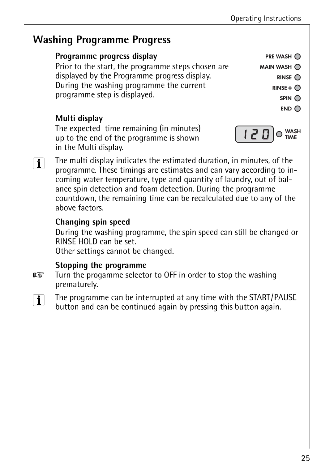 AEG 86741 manual Washing Programme Progress, Programme progress display, Multi display, Changing spin speed 