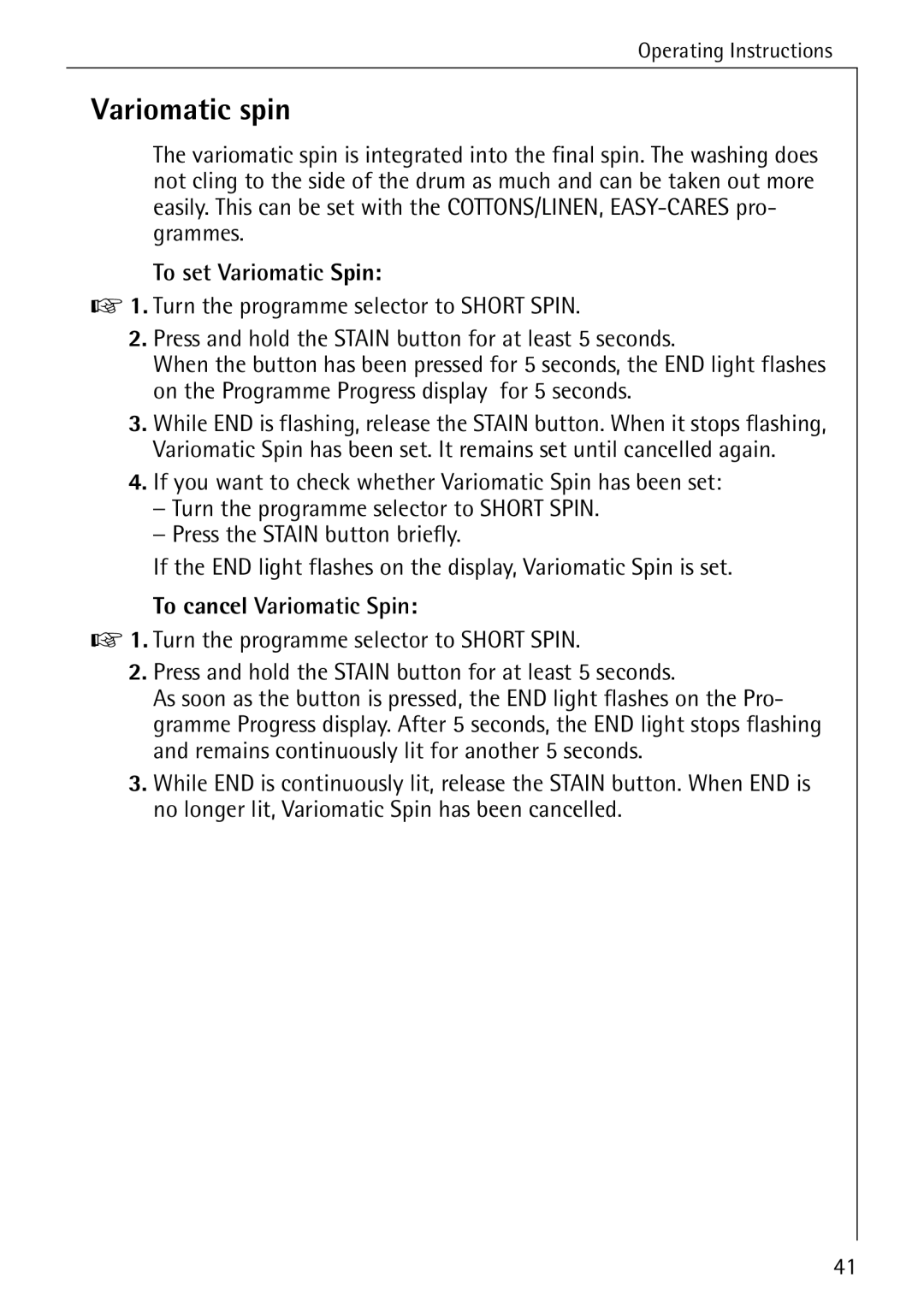 AEG 86741 manual Variomatic spin, To set Variomatic Spin, To cancel Variomatic Spin 