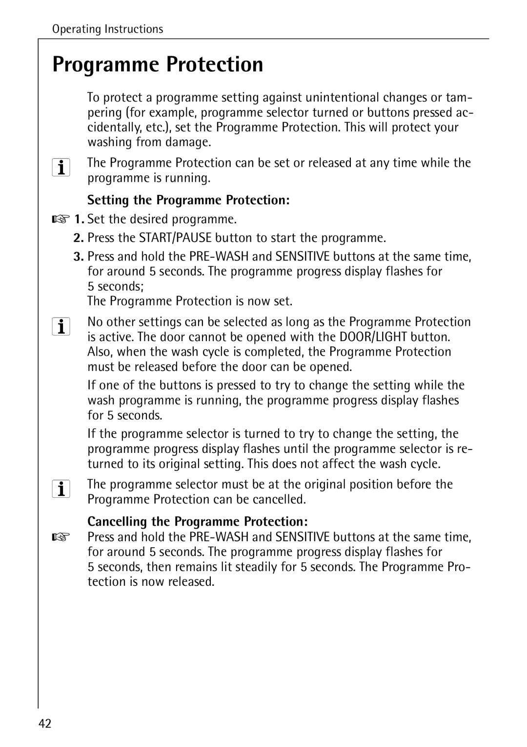 AEG 86741 manual Setting the Programme Protection, Cancelling the Programme Protection 