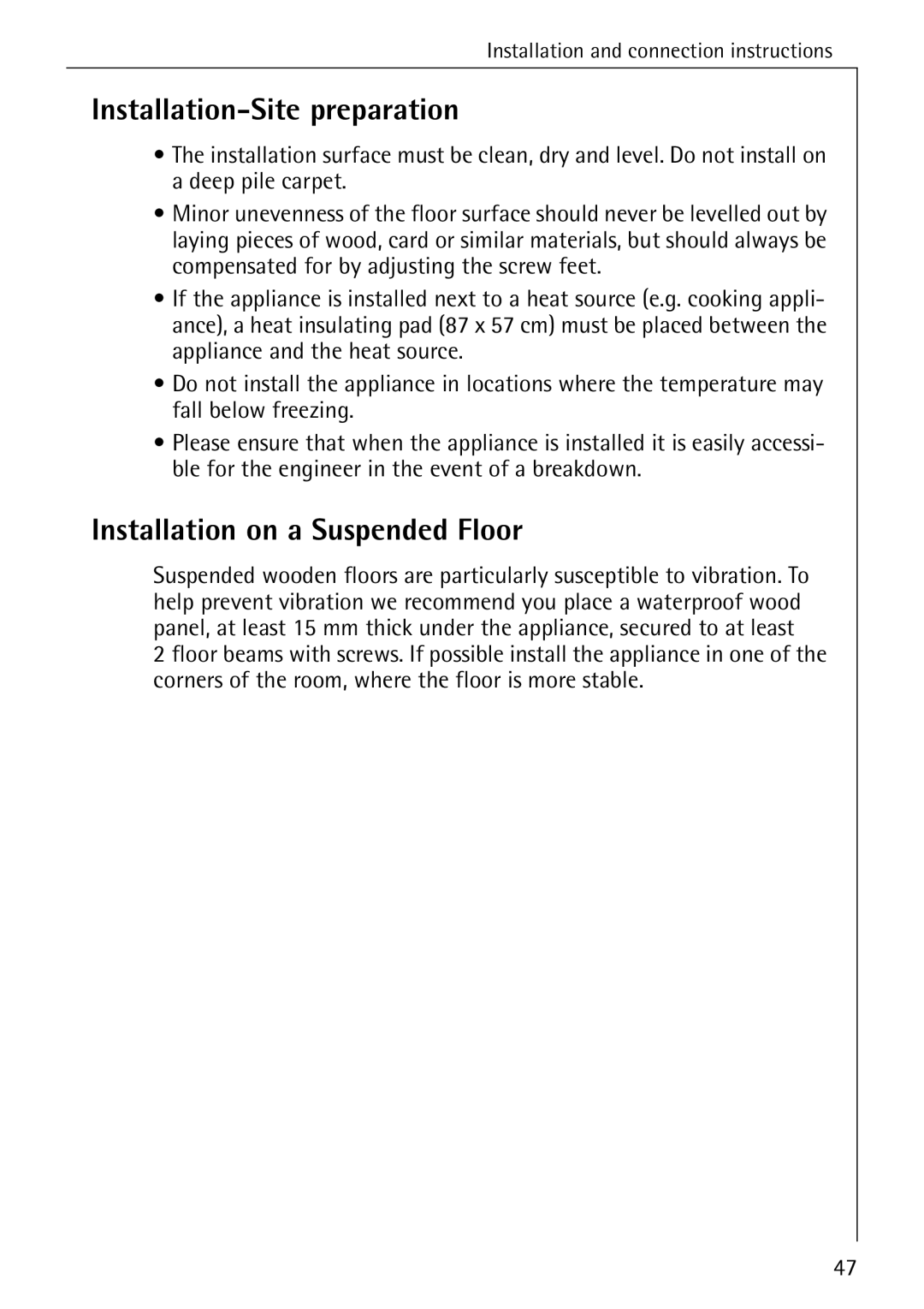 AEG 86741 manual Installation-Site preparation, Installation on a Suspended Floor 