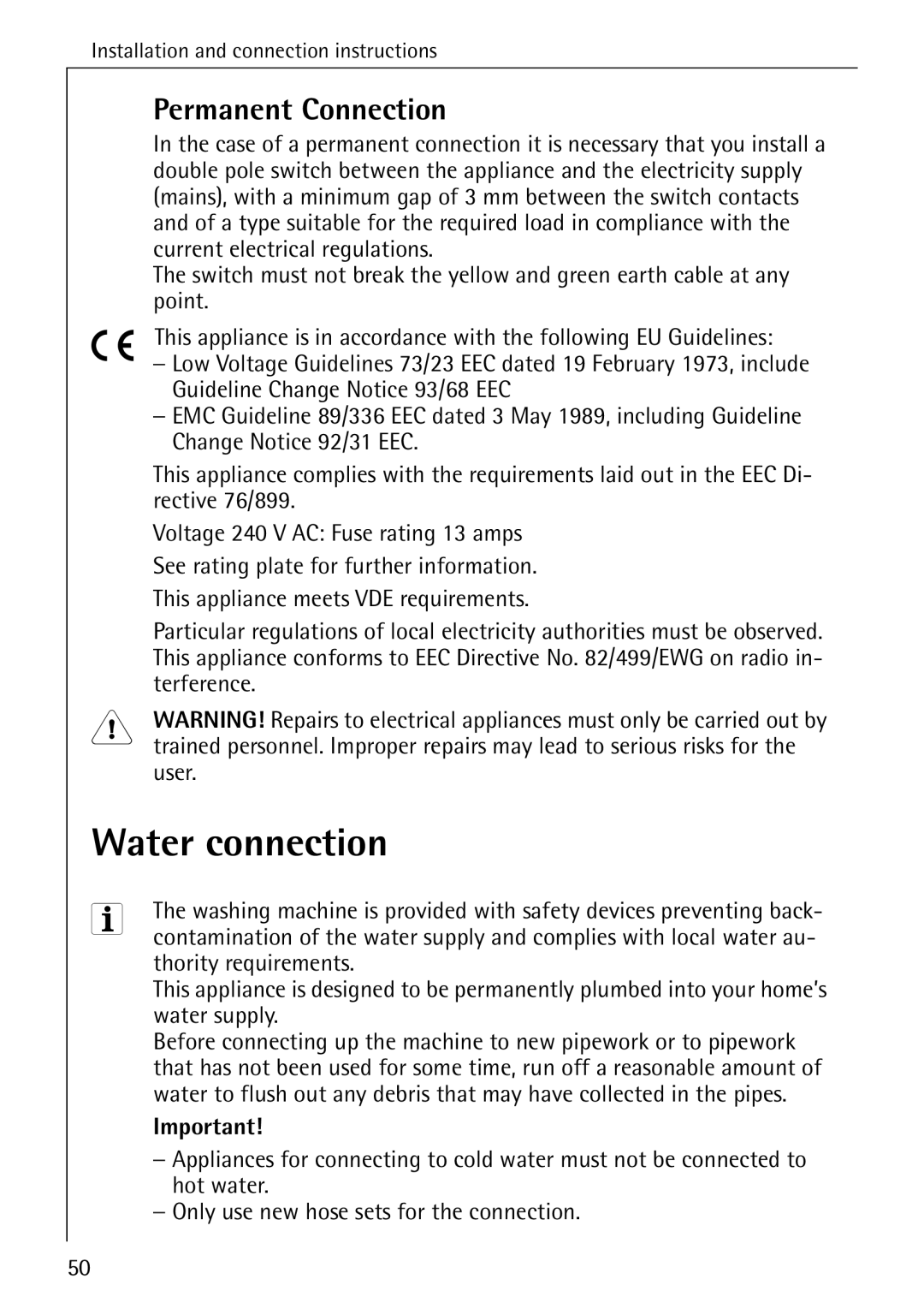 AEG 86741 manual Water connection, Permanent Connection, Terference, User 