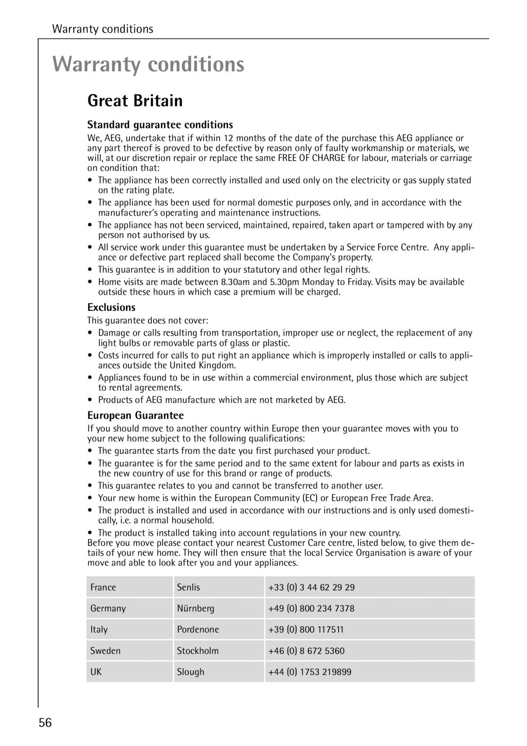 AEG 86741 manual Warranty conditions, Great Britain 