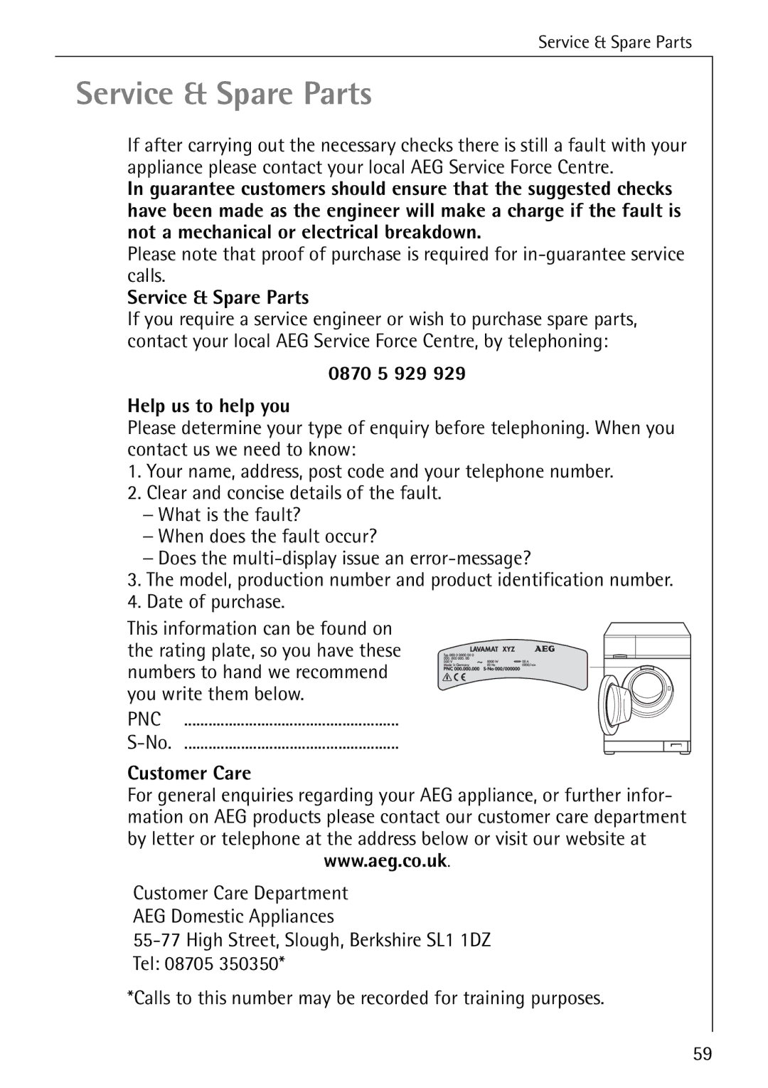 AEG 86741 manual Service & Spare Parts, 0870 5 929 Help us to help you, Pnc, Customer Care 