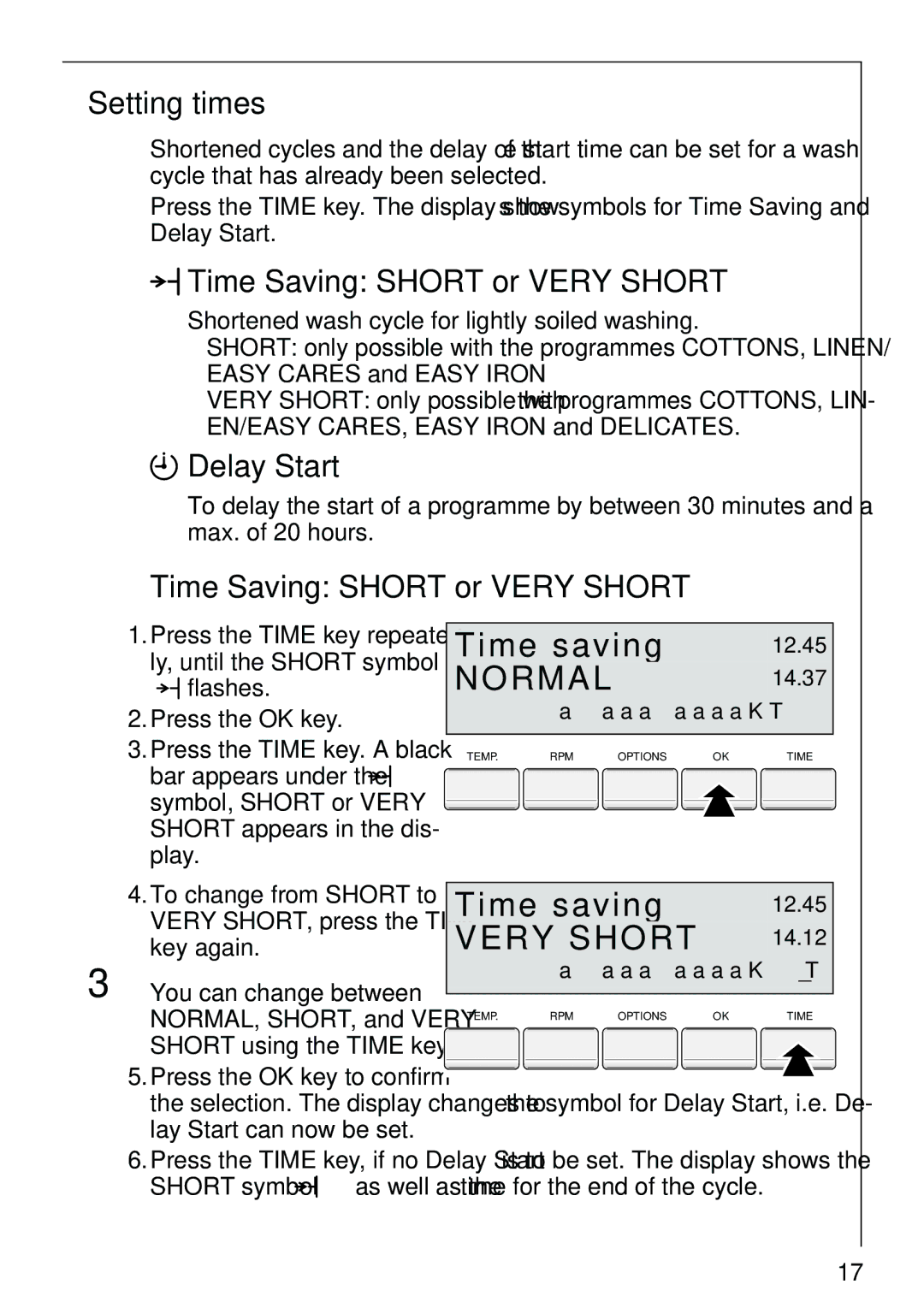 AEG 86810 manual Time saving, Setting times, Time Saving Short or Very Short, Delay Start 