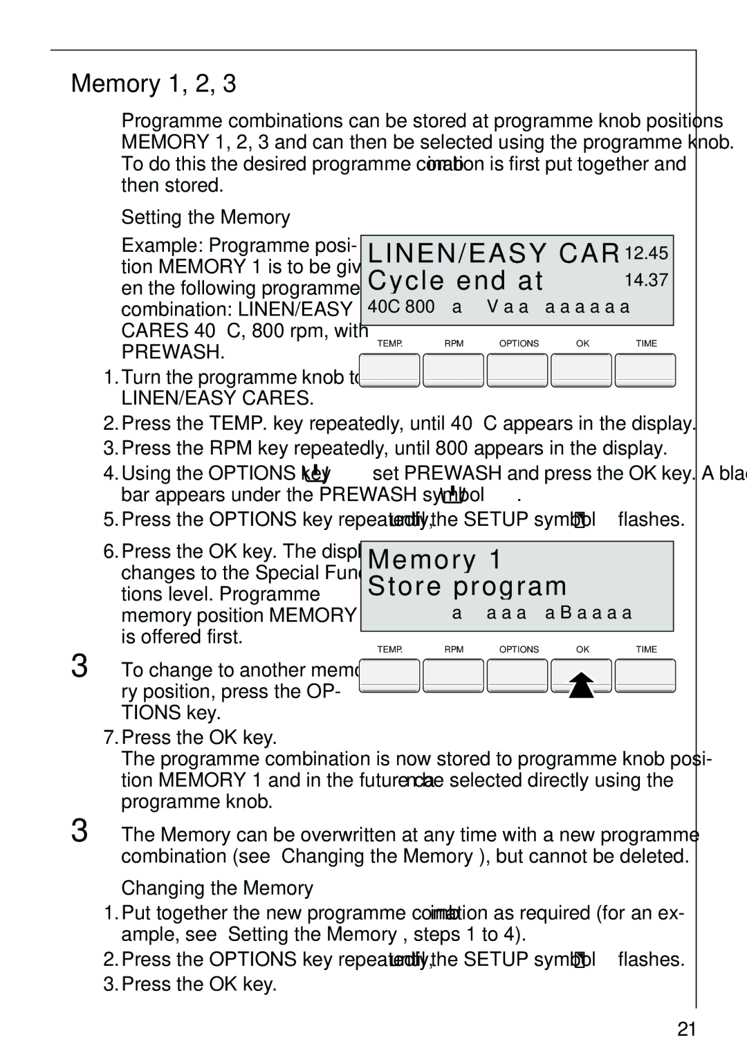 AEG 86810 manual Memory Store program, Memory 1, 2, Setting the Memory, Changing the Memory 