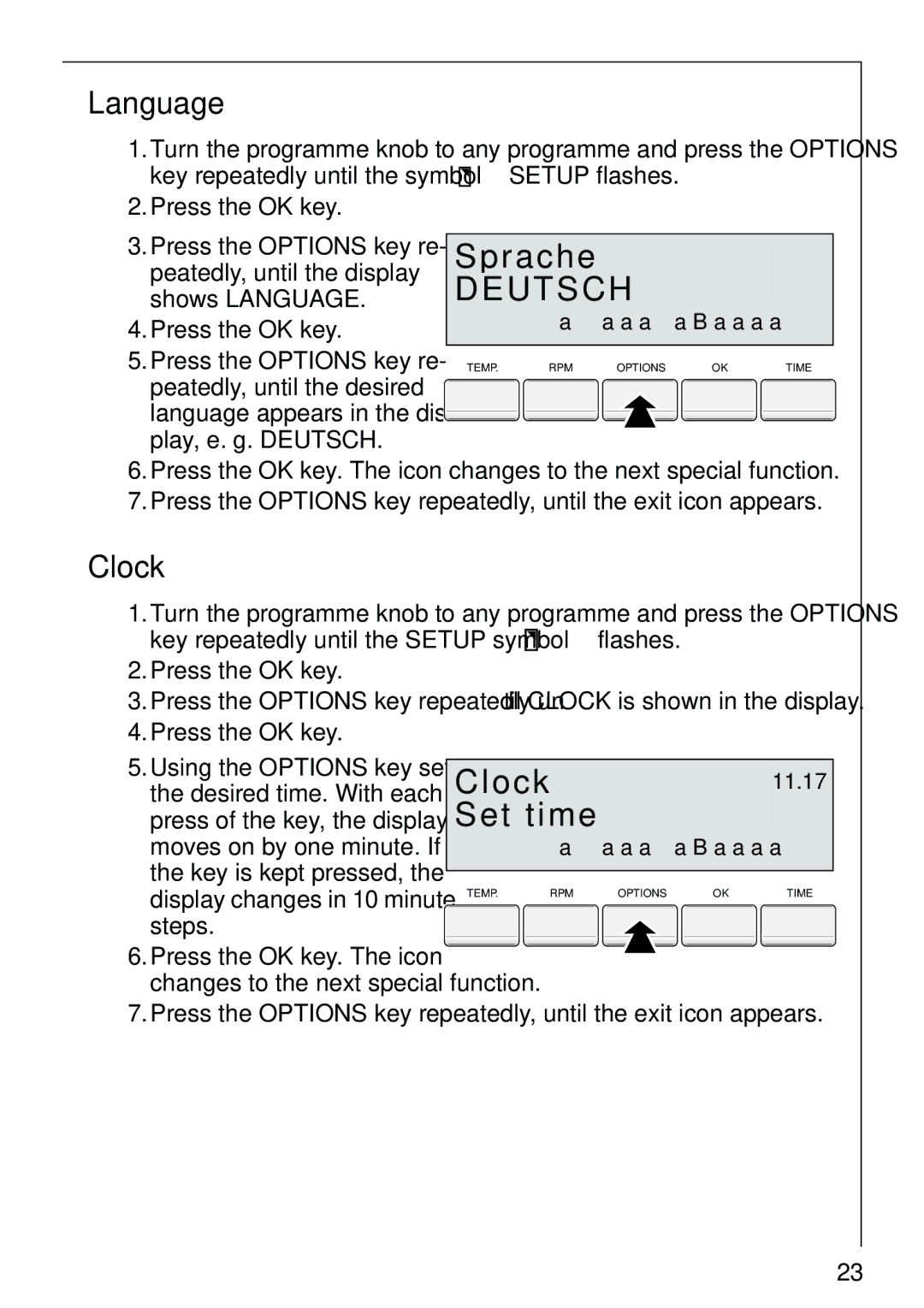 AEG 86810 manual Set time, Language, Clock 