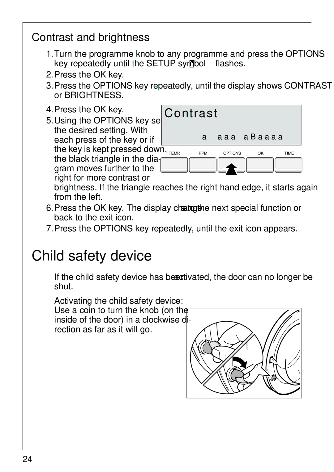 AEG 86810 manual Child safety device, Contrast and brightness, Desired setting. With, Each press of the key or if 