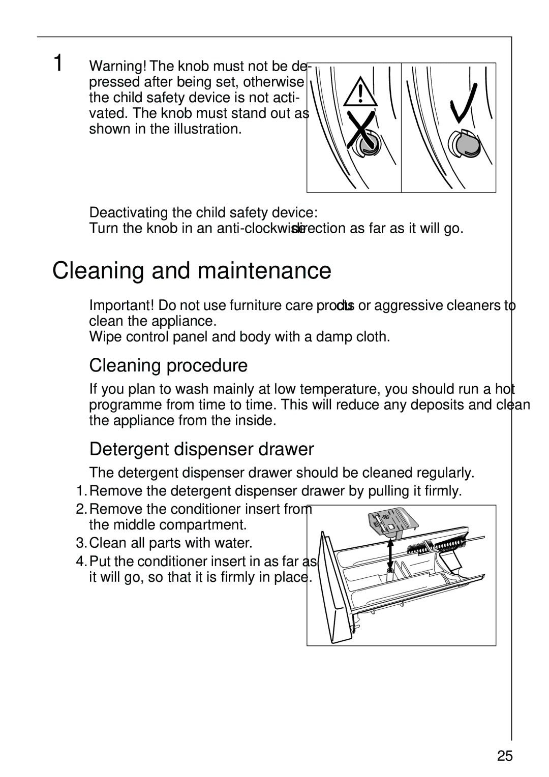 AEG 86810 Cleaning and maintenance, Cleaning procedure, Detergent dispenser drawer, Deactivating the child safety device 