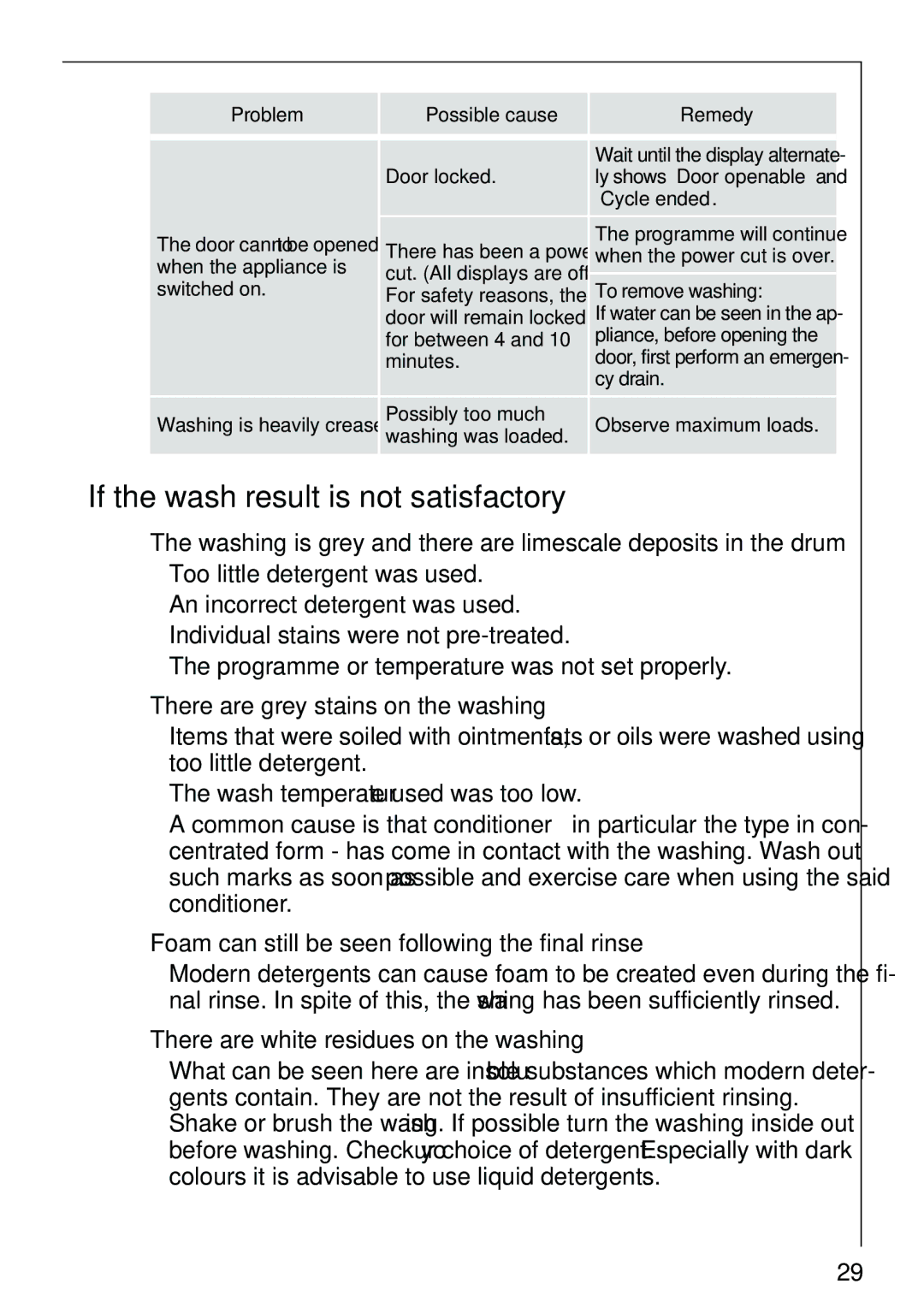 AEG 86810 manual If the wash result is not satisfactory, There are grey stains on the washing 