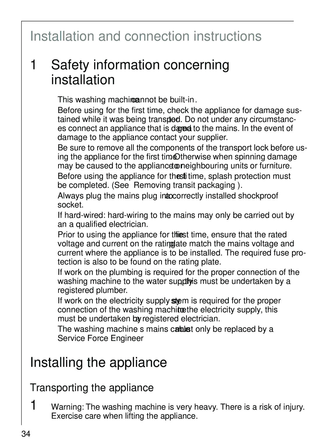 AEG 86810 manual Safety information concerning installation, Installing the appliance, Transporting the appliance 