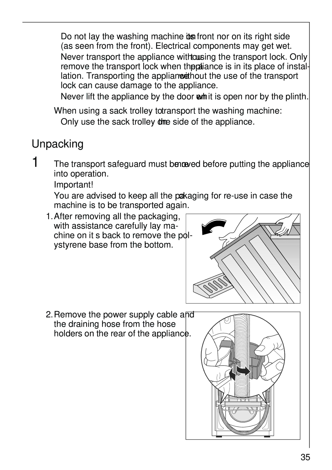 AEG 86810 manual Unpacking, When using a sack trolley to transport the washing machine, After removing all the packaging 