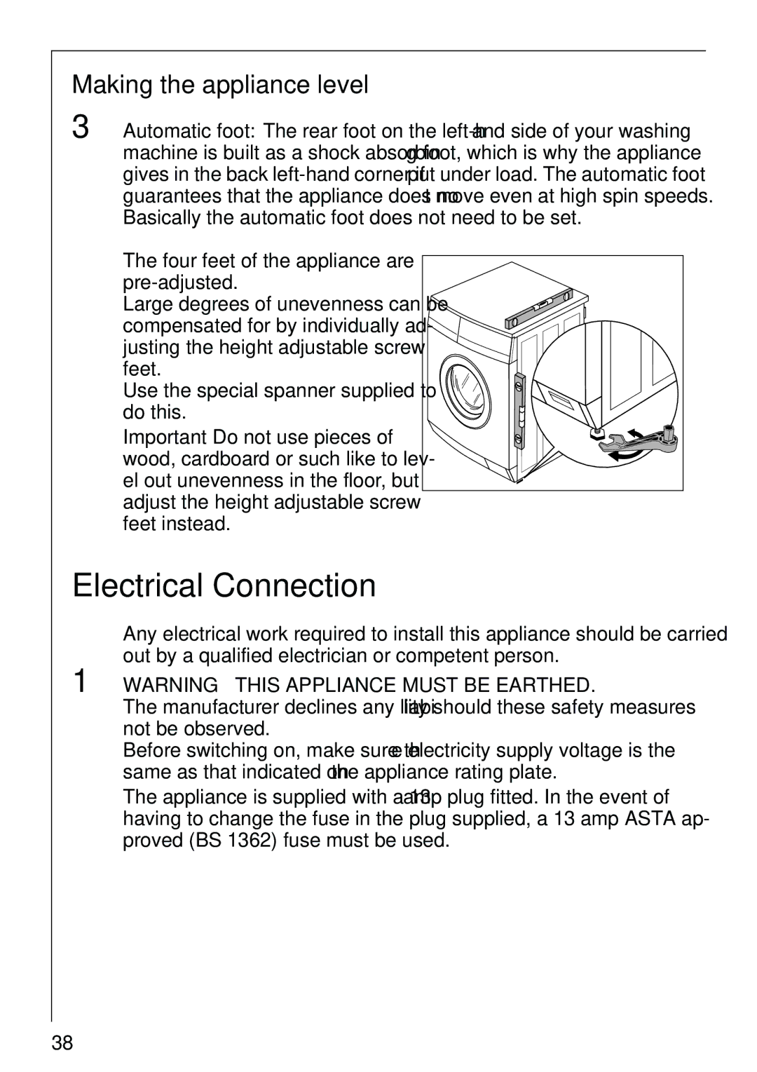 AEG 86810 manual Electrical Connection, Making the appliance level 