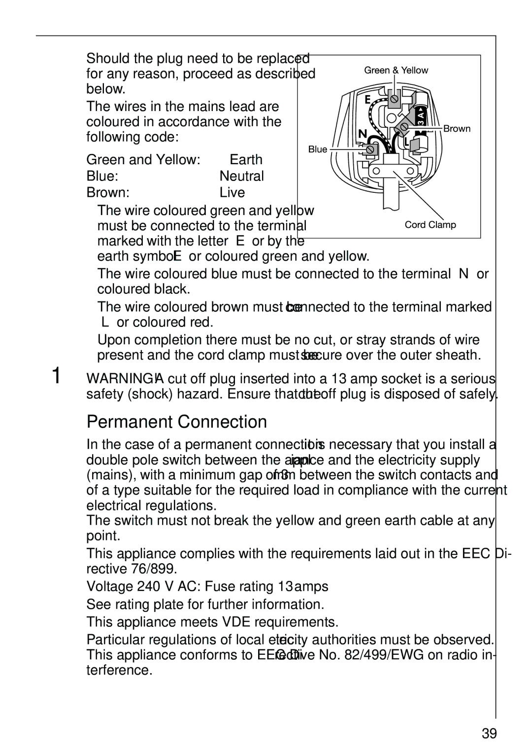 AEG 86810 manual Permanent Connection, Brown Live Wire coloured green and yellow 