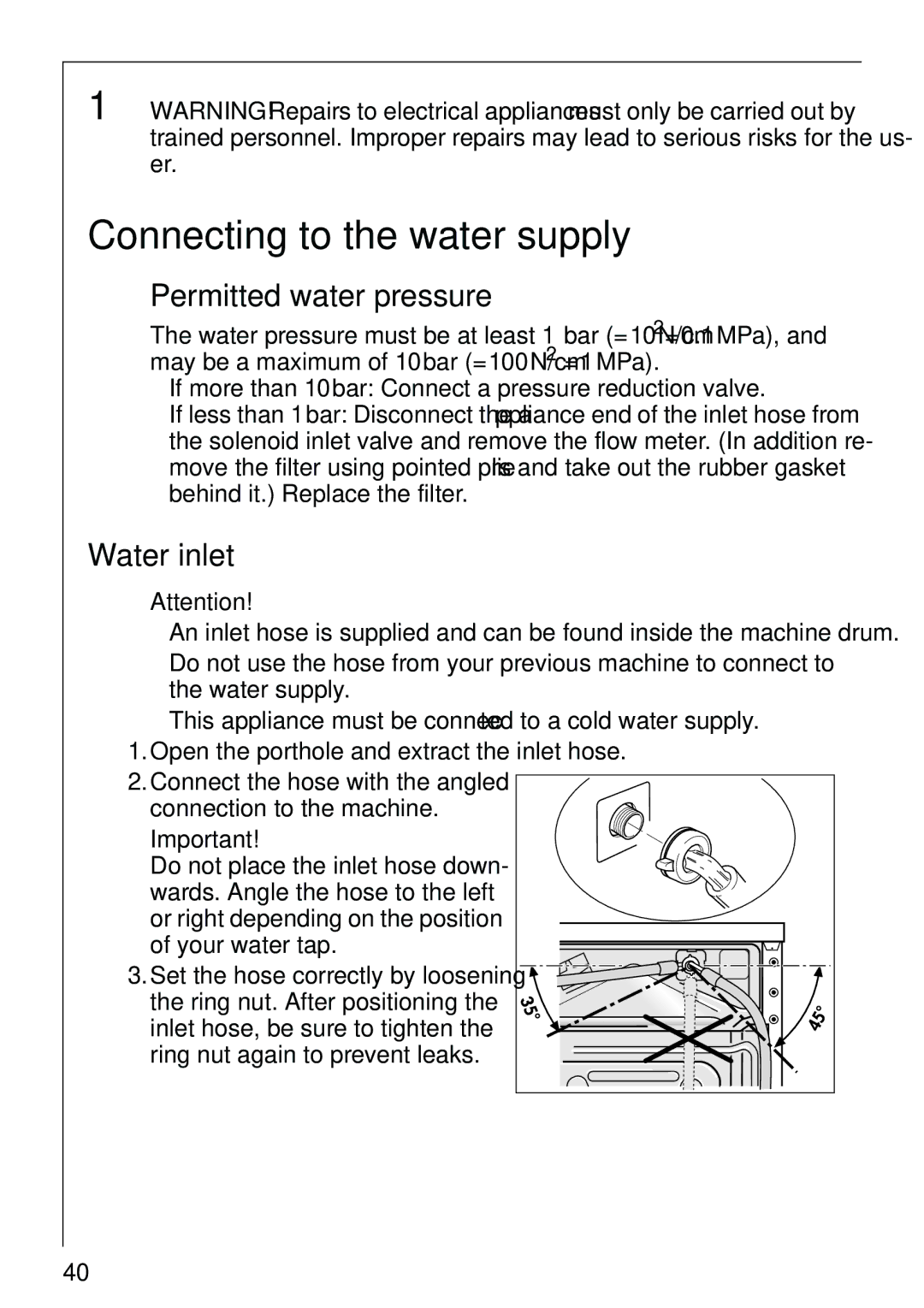 AEG 86810 manual Connecting to the water supply, Permitted water pressure, Water inlet 