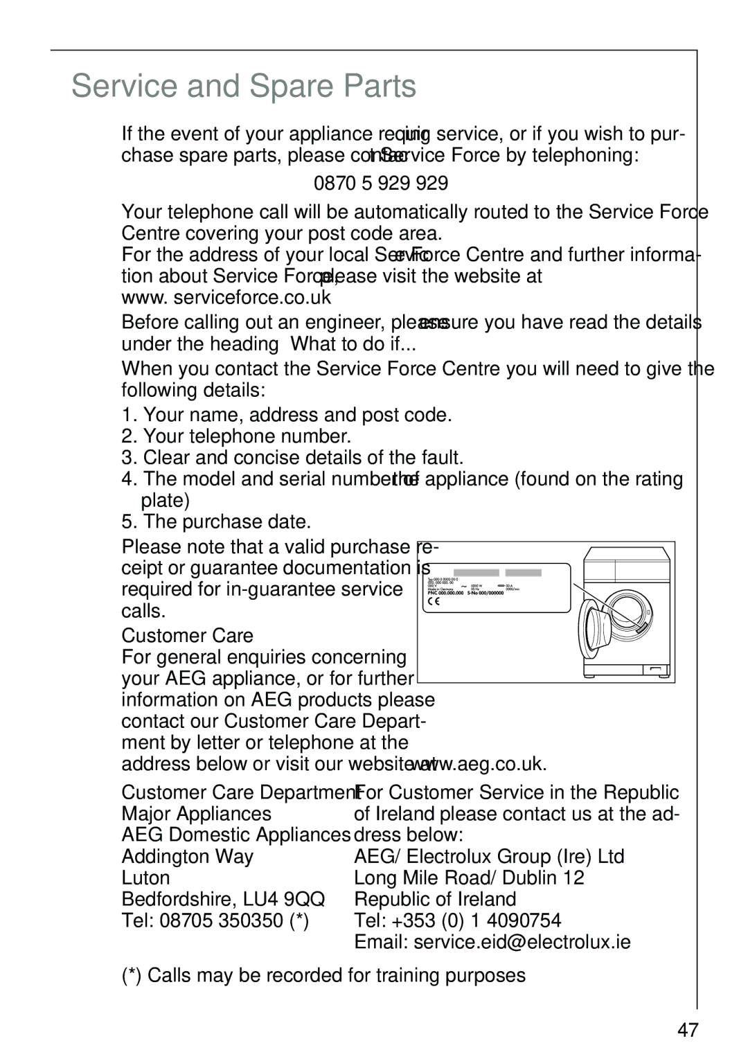 AEG 86810 manual 0870 5 929, Customer Care, For general enquiries concerning, Major Appliances 