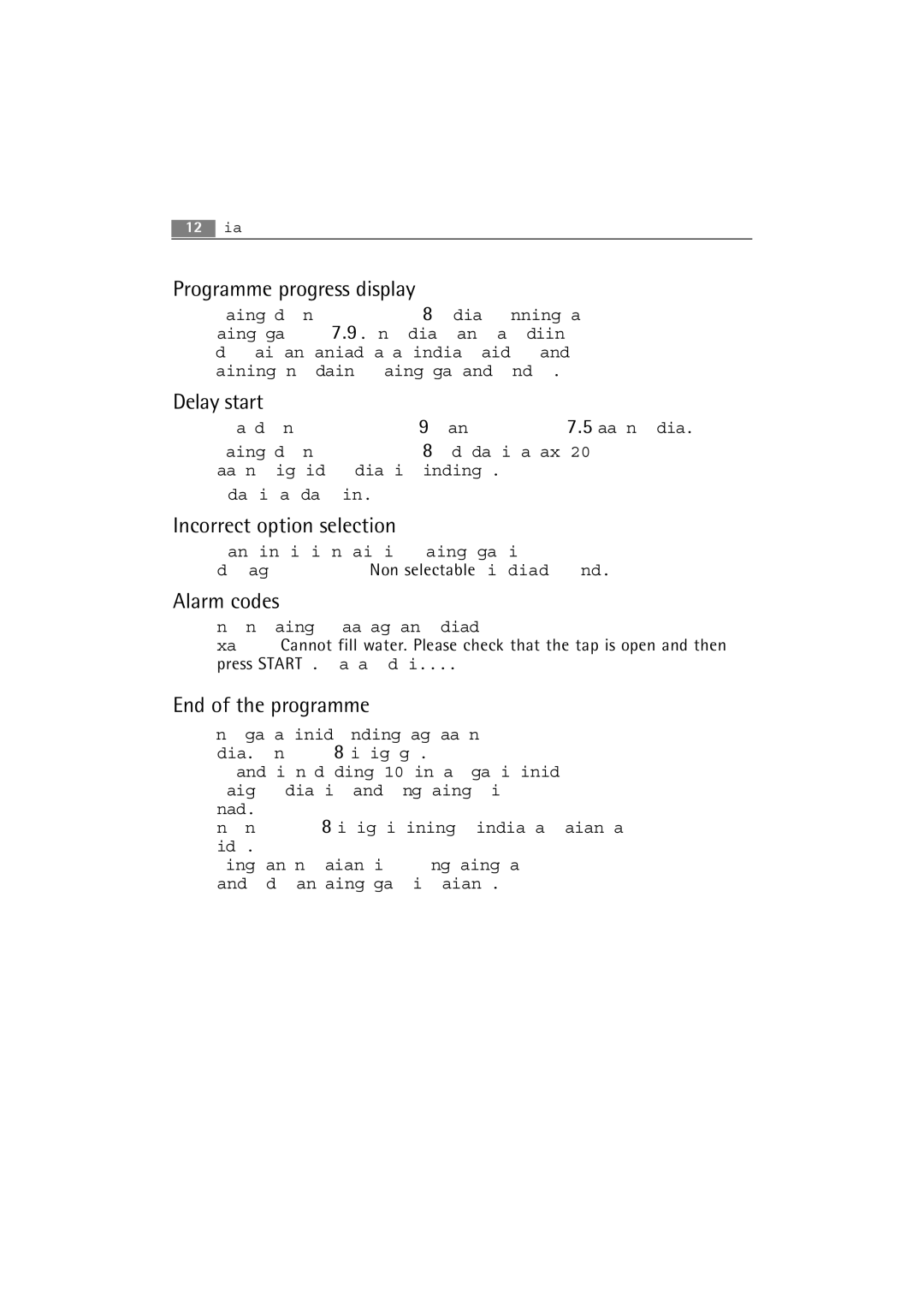 AEG 86850 manual Programme progress display, Delay start, Incorrect option selection, Alarm codes, End of the programme 