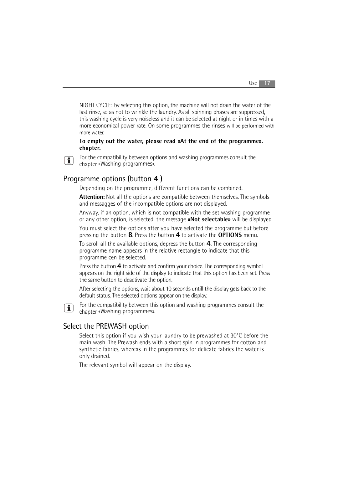 AEG 86850 manual Programme options button, Select the Prewash option 