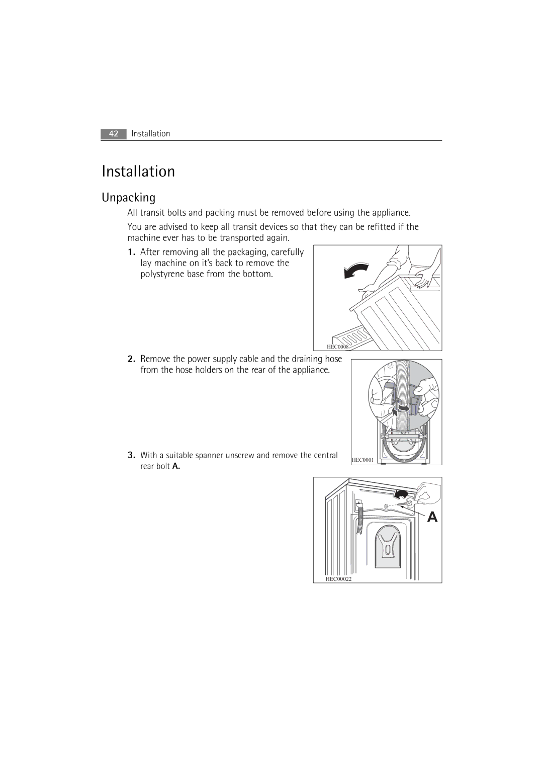 AEG 86850 manual Installation, Unpacking 