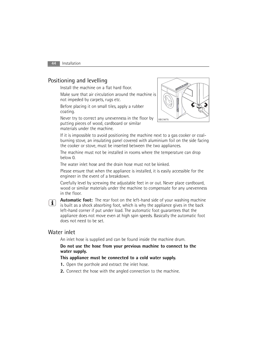 AEG 86850 manual Positioning and levelling, Water inlet 