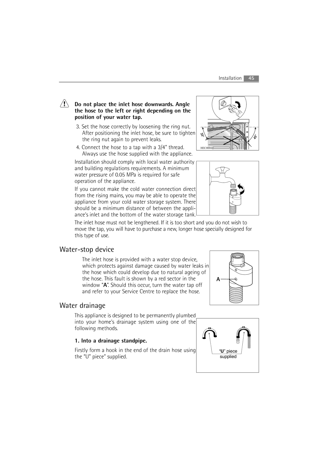 AEG 86850 manual Water-stop device, Water drainage 