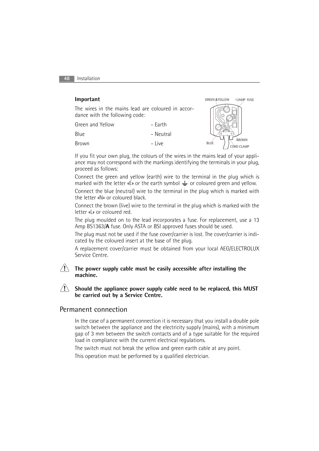 AEG 86850 manual Permanent connection 