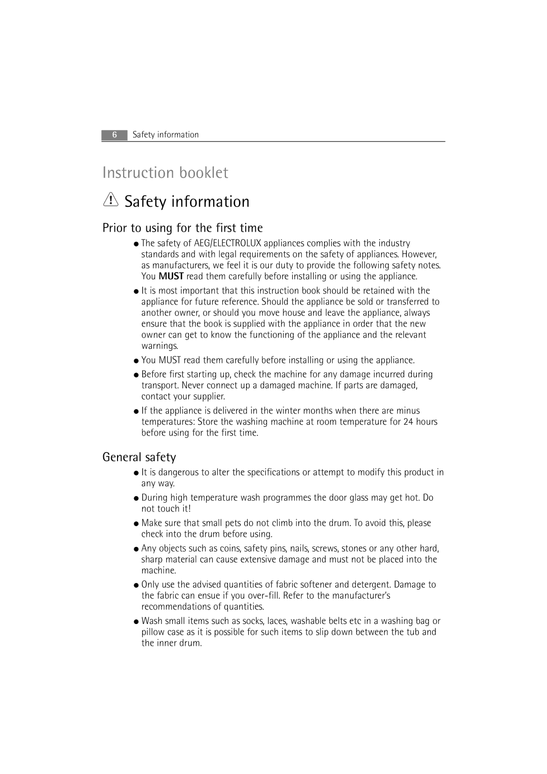 AEG 86850 manual Safety information, Prior to using for the first time, General safety 