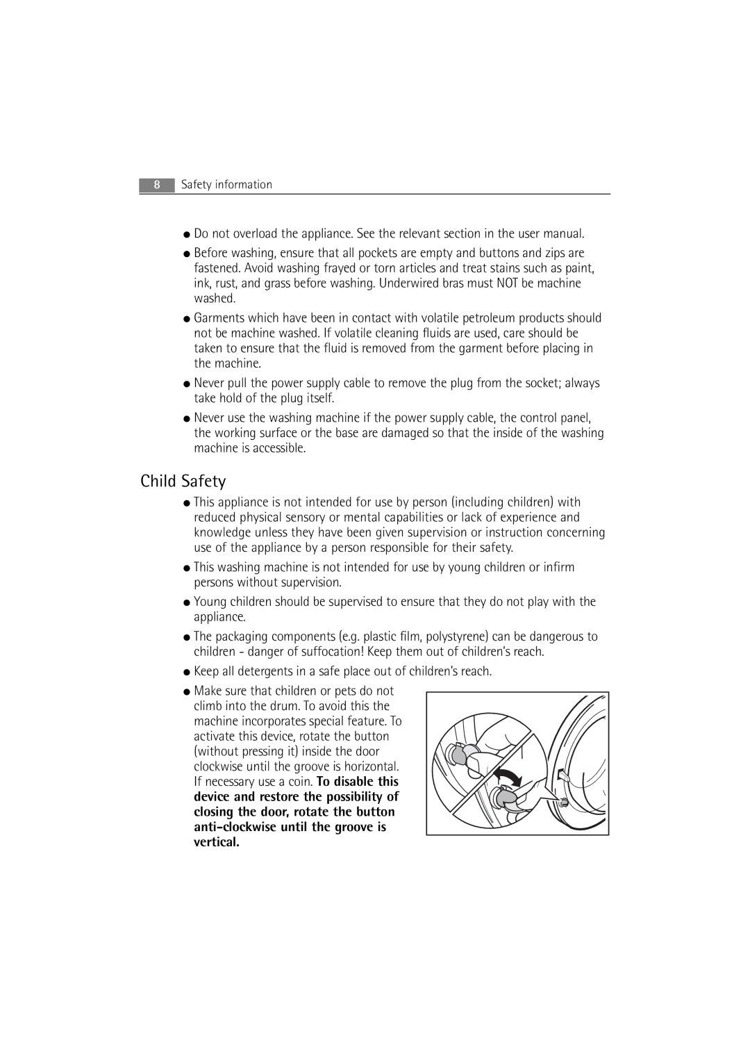 AEG 86850 manual Child Safety, Keep all detergents in a safe place out of children’s reach 