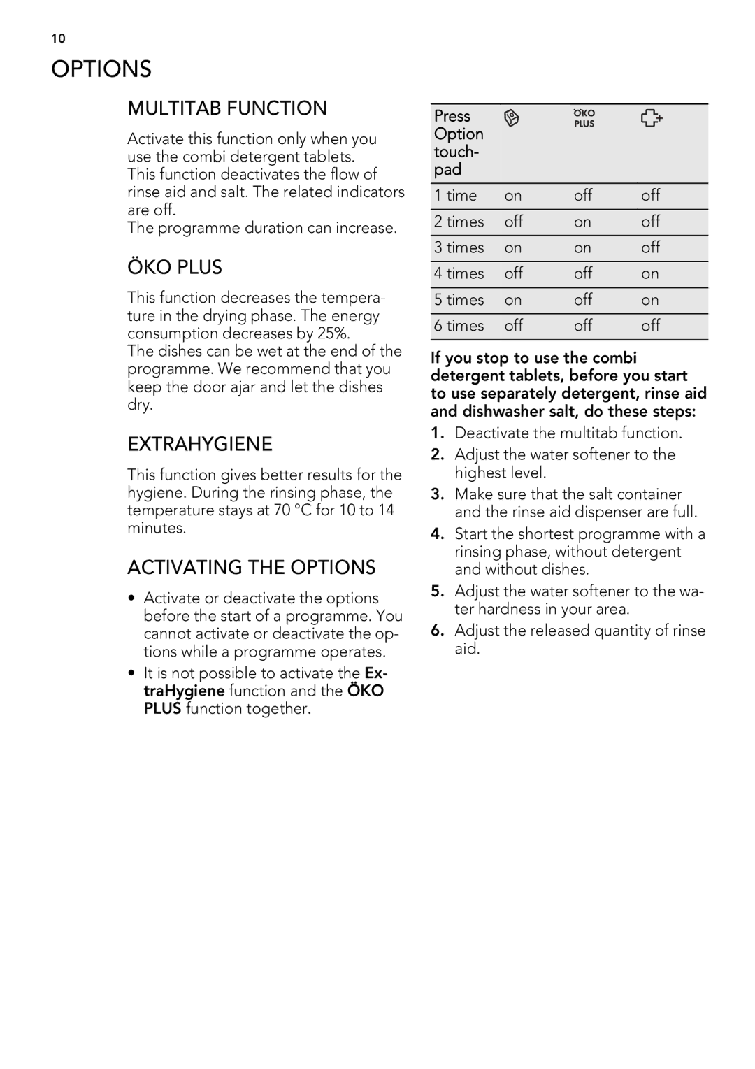 AEG 88009 user manual Multitab Function, ÖKO Plus, Extrahygiene, Activating the Options 