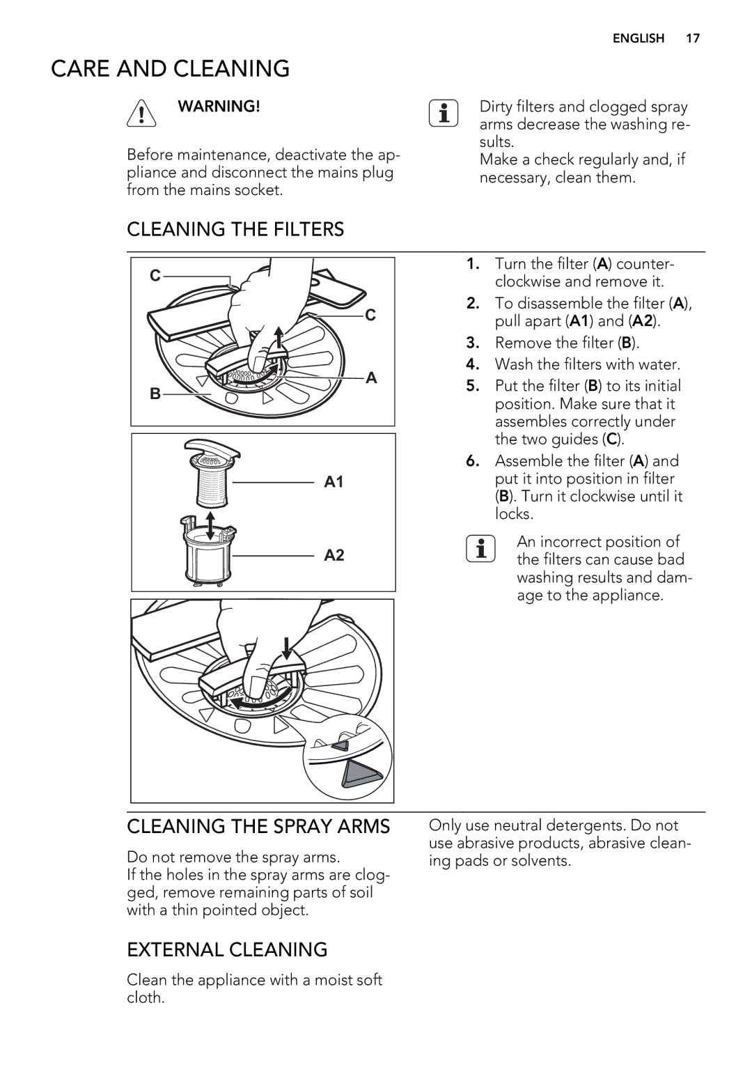 AEG 88009 user manual Care and Cleaning, Cleaning the Filters, Cleaning the Spray Arms, External Cleaning 