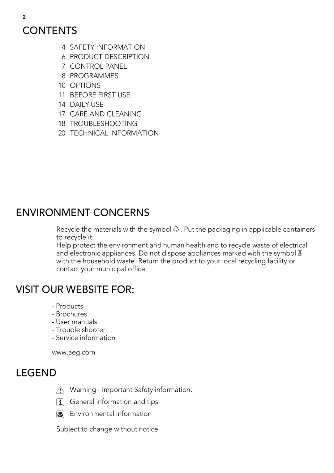 AEG 88009 user manual Contents, Environment Concerns, Visit OUR Website for 