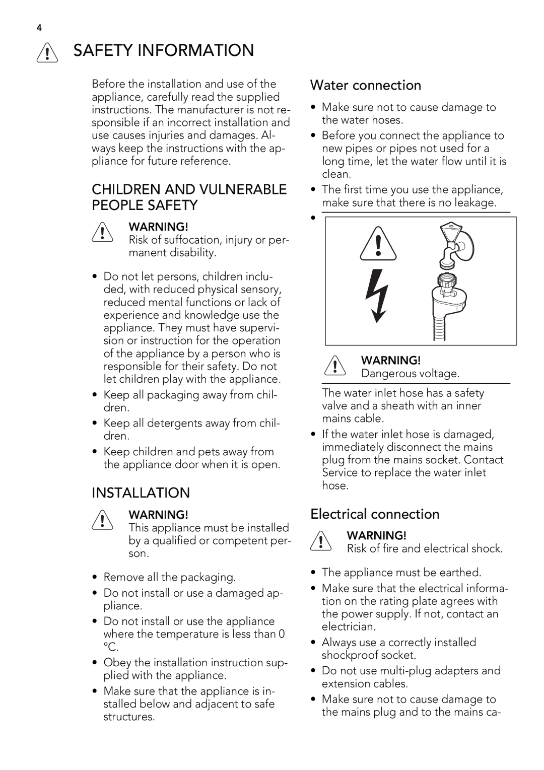 AEG 88009 user manual Safety Information, Installation, Water connection, Electrical connection 