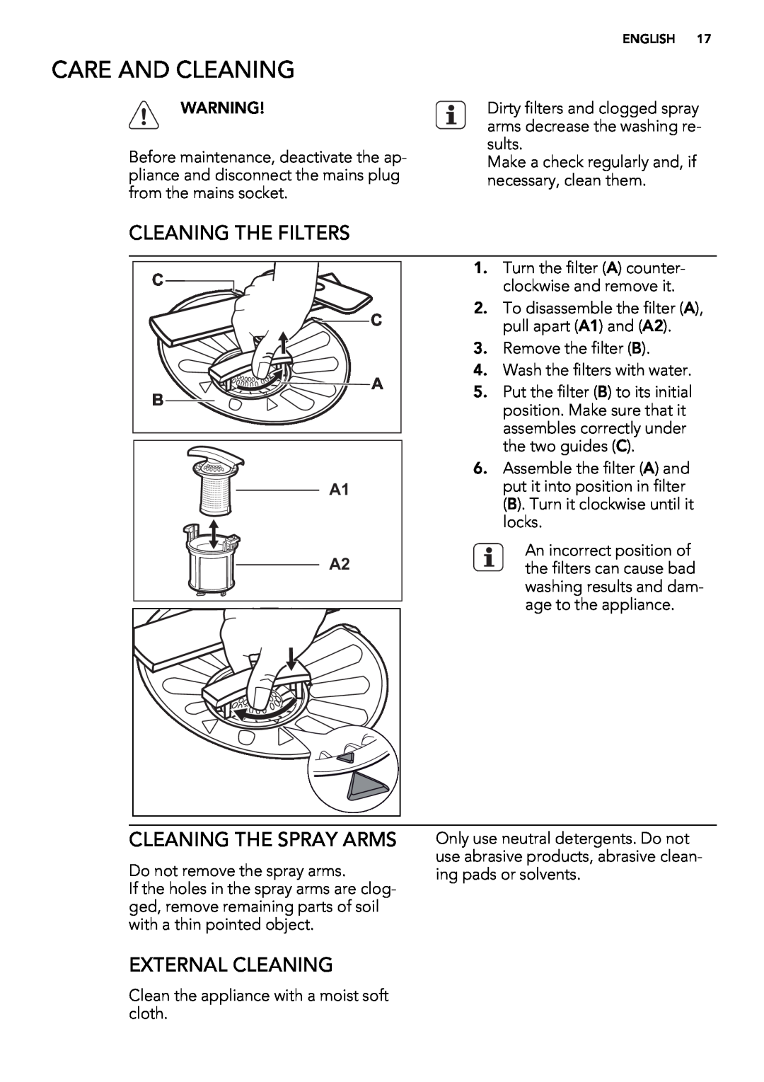 AEG 88009 user manual Care And Cleaning, Cleaning The Filters, Cleaning The Spray Arms, External Cleaning 