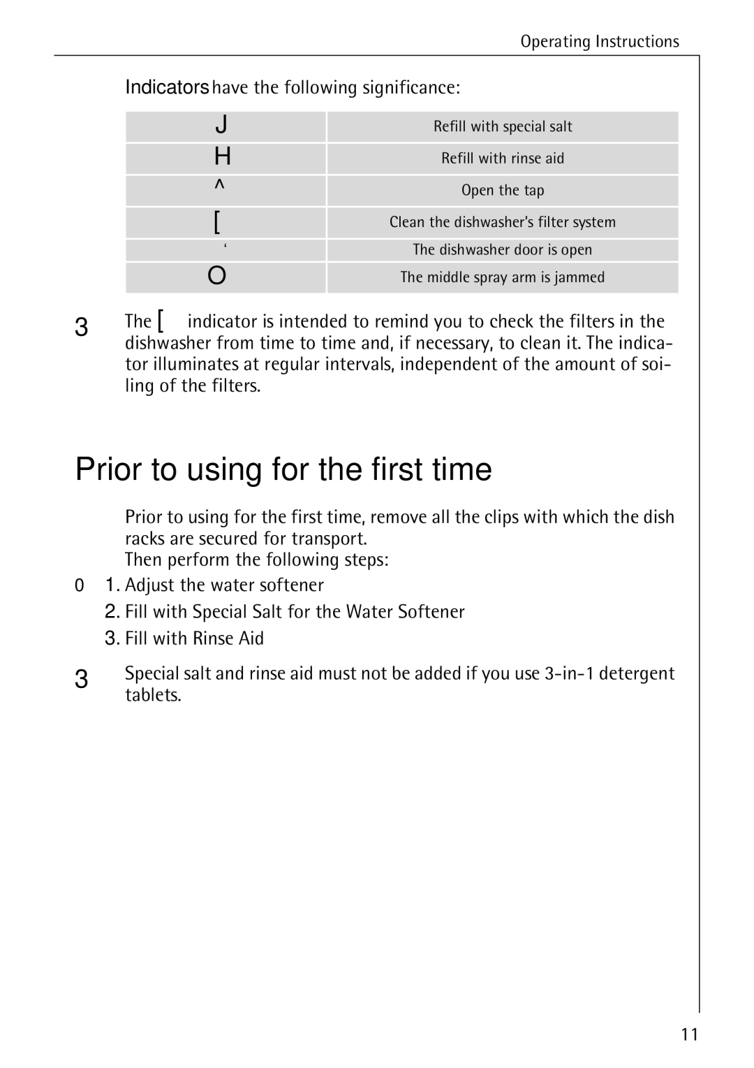 AEG 88050 I manual Prior to using for the first time, Indicators have the following significance, Tablets 