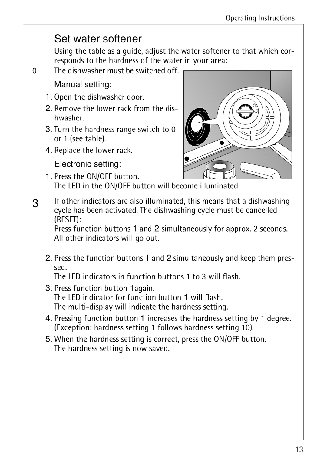 AEG 88050 I manual Set water softener, Manual setting, Electronic setting, Press the ON/OFF button 