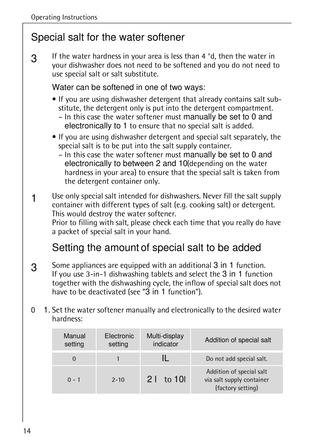 AEG 88050 I manual Special salt for the water softener, Use special salt or salt substitute 