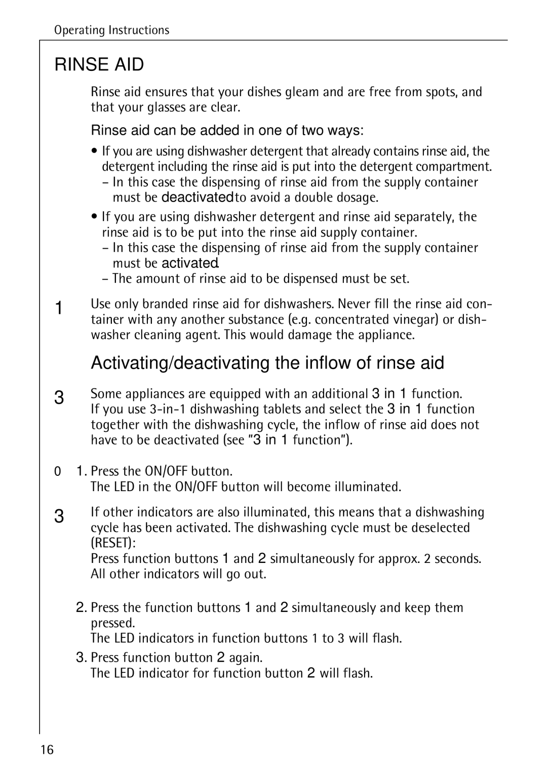 AEG 88050 I manual Activating/deactivating the inflow of rinse aid, Rinse aid can be added in one of two ways 