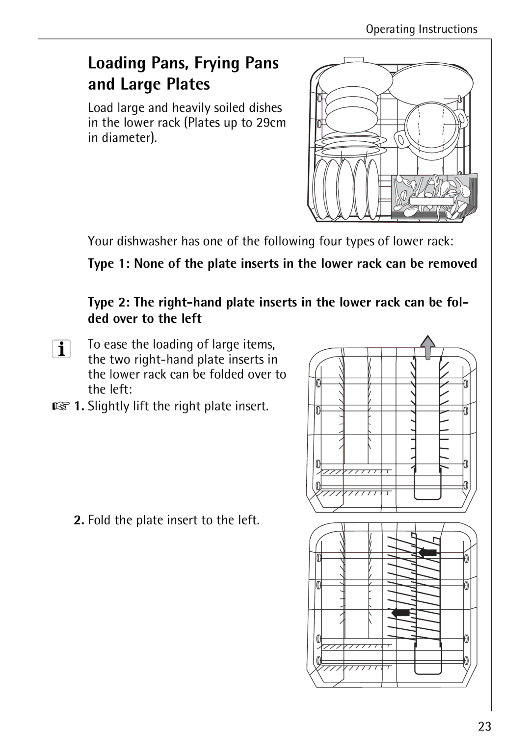 AEG 88050 I manual Loading Pans, Frying Pans Large Plates, Ded over to the left, To ease the loading of large items 